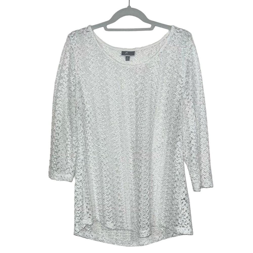 JM Collection - Women's Size XL - White Crochet Lace Top Cover-Up 3/4 Sleeve